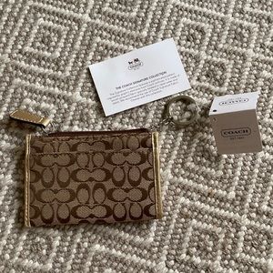 COACH Tan and Brown Signature Canvas with Gold Leather Keychain Mini Wallet NWT